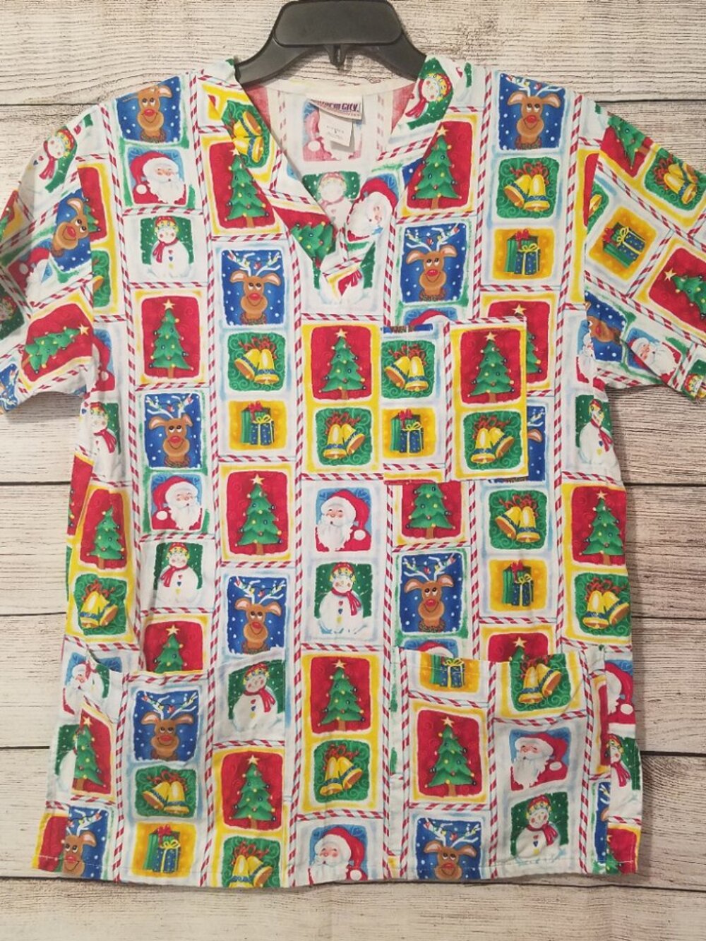 Vintage Uniform City Christmas Scrub Top Small S Santa Snowman Reindeer Retro